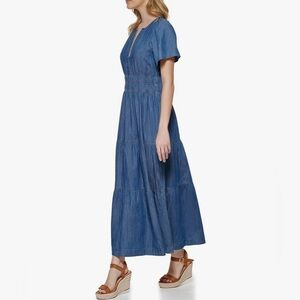Tommy Hilfiger Denim Chambray Smocked Tiered V-Neck Maxi Dress Women’s Size 8